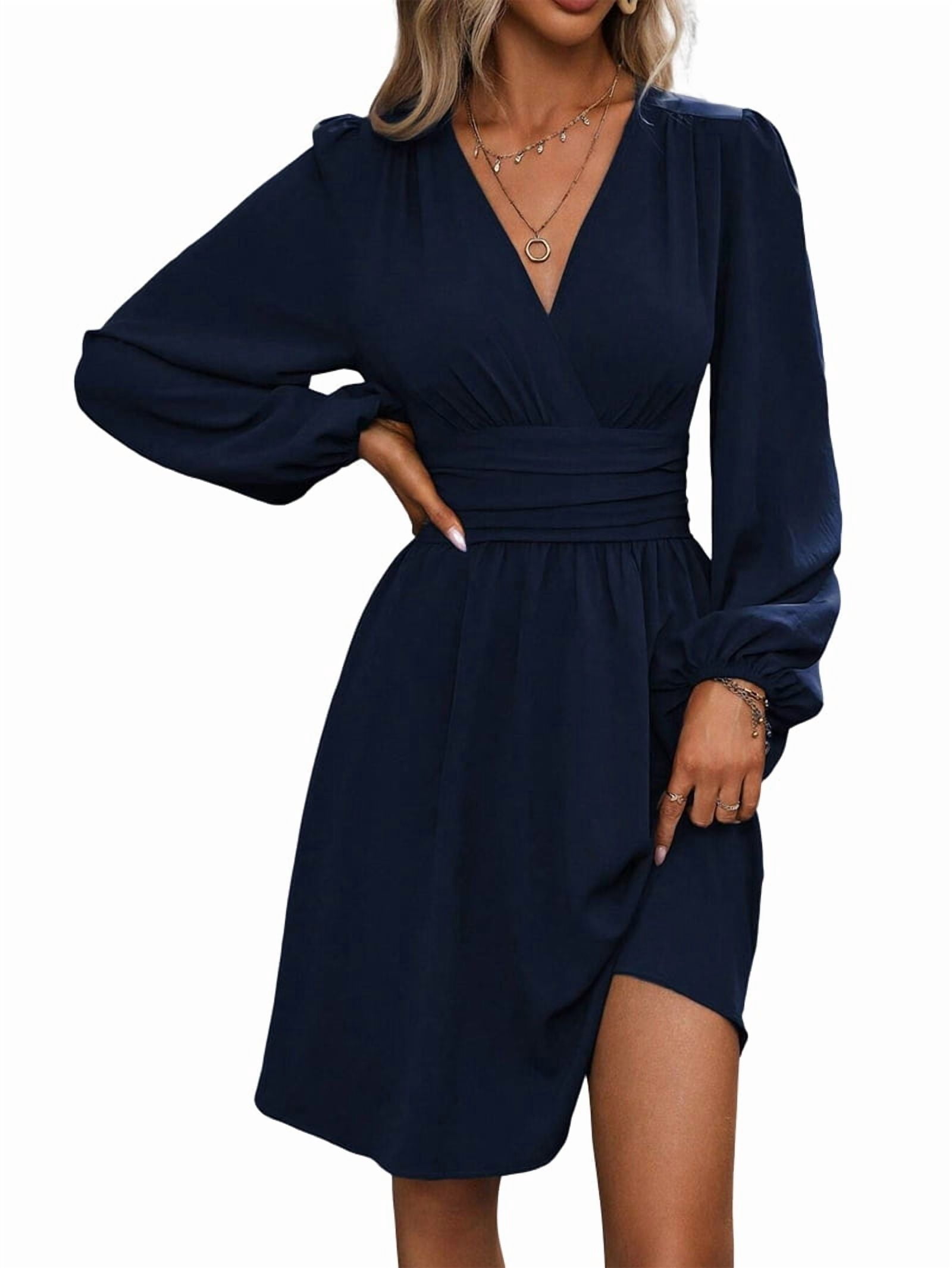 Women's Long Sleeve Surplice Mini Dress in Navy
