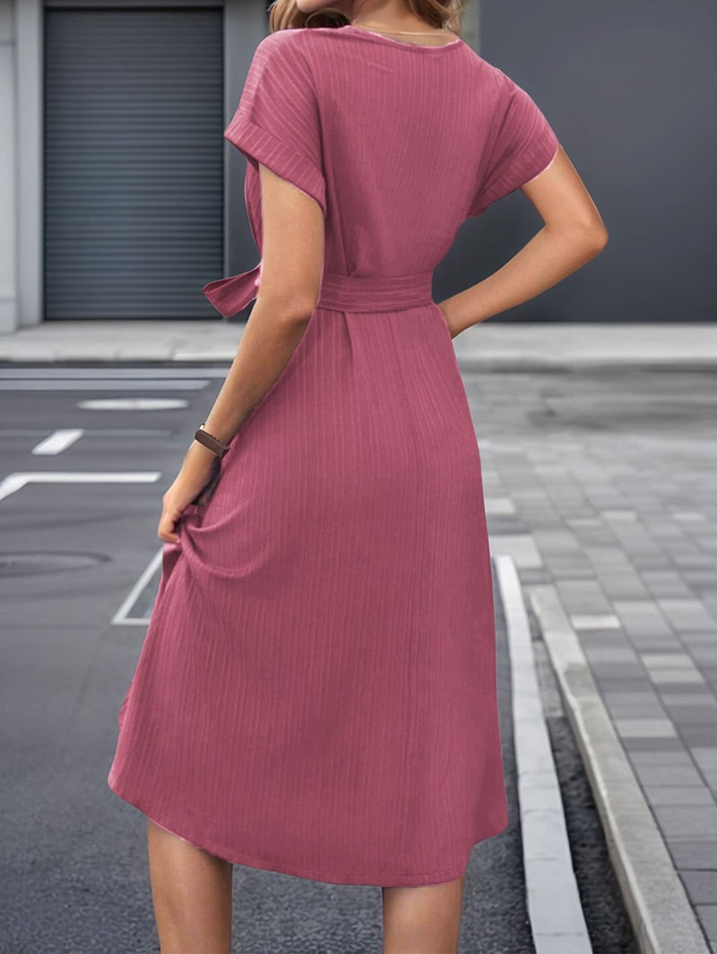 Women's Cap Sleeve Belted Wrap Midi Dress in Dusty Rose (photo 8)