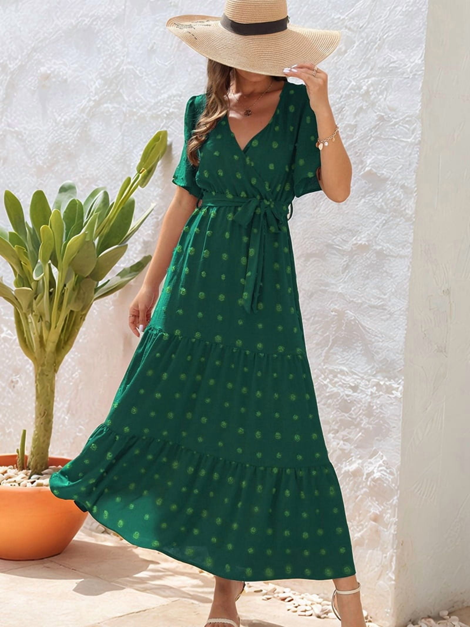 Women's Dot Print Tiered Wrap Maxi Dress in Green (photo 6)