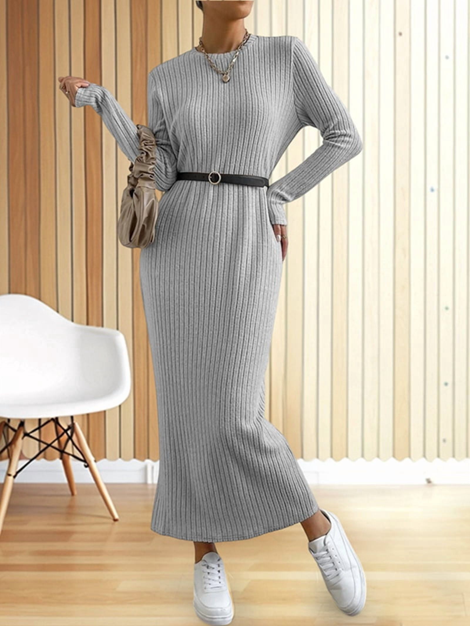 Women's Ribbed Knit Maxi Sweater Dress in Gray (photo 6)