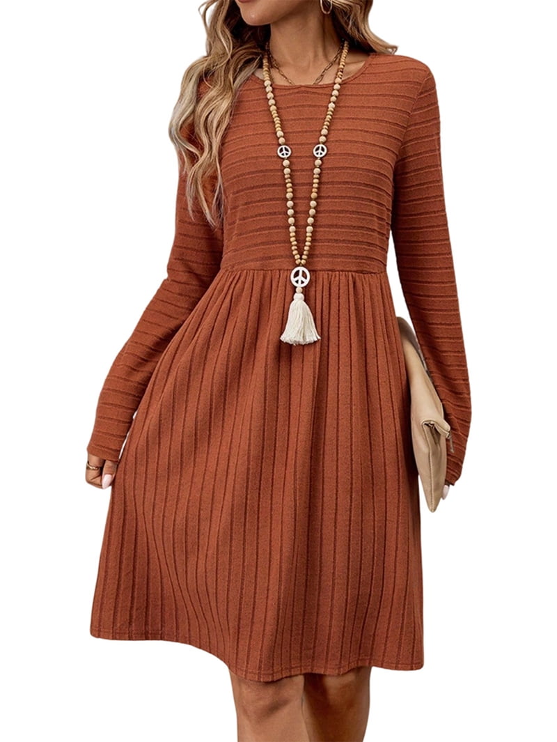 Crewneck A-line knit sweater dress in rust