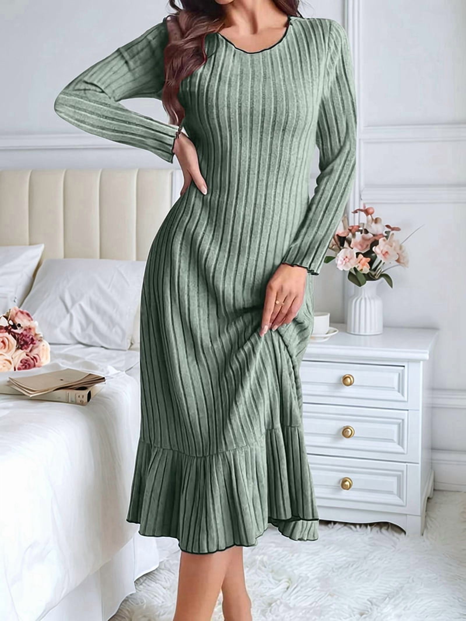 Women's Ribbed Knit Ruffle Hem Maxi Dress in Sage Green (photo 3)