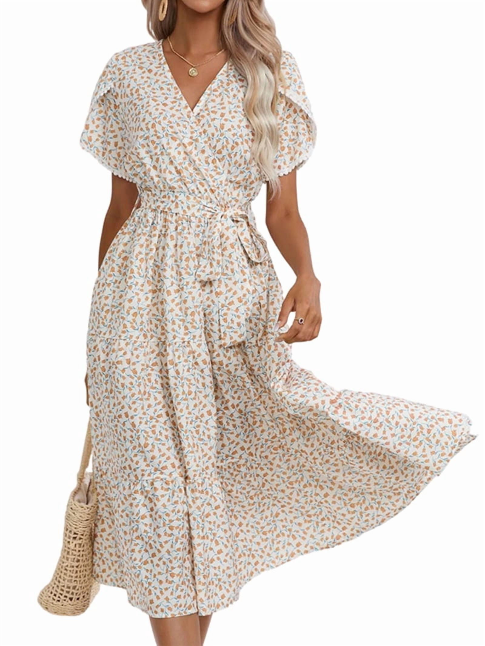 Women's Floral Flutter Sleeve Wrap Dress with Tiered Hem in Cream (photo 2)