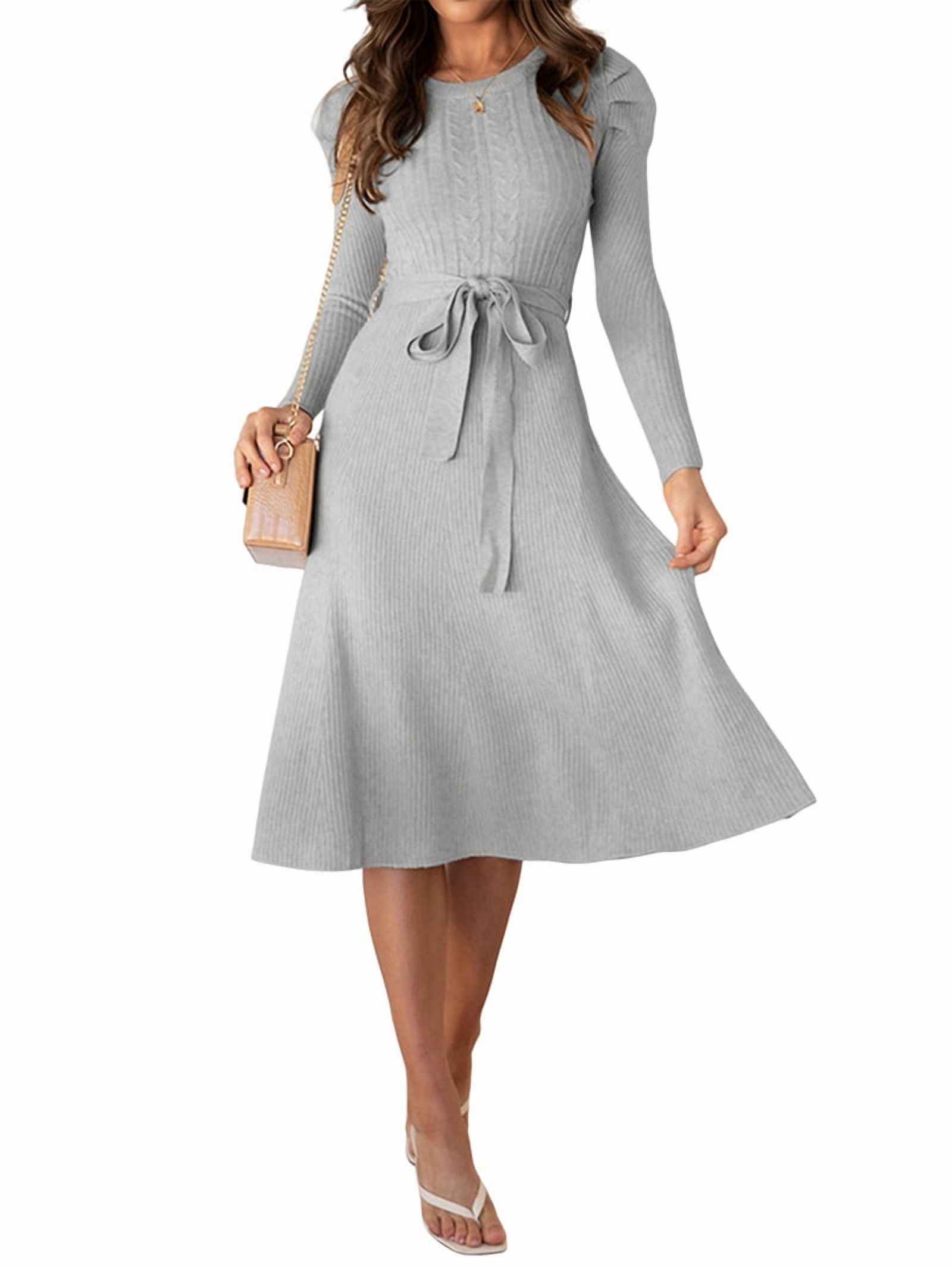 Women's Tie Waist Ribbed Knit Midi Sweater Dress in Gray (photo 2)