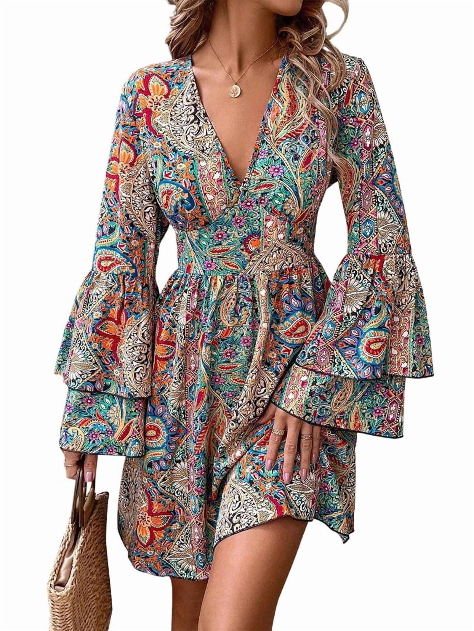 Women's Paisley Bell Sleeve Wrap Mini Dress in Multicolor