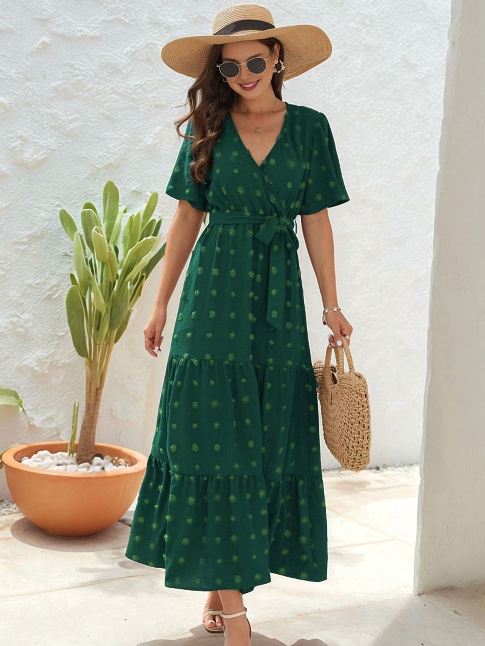 Women's Dot Print Tiered Wrap Maxi Dress in Green (photo 3)