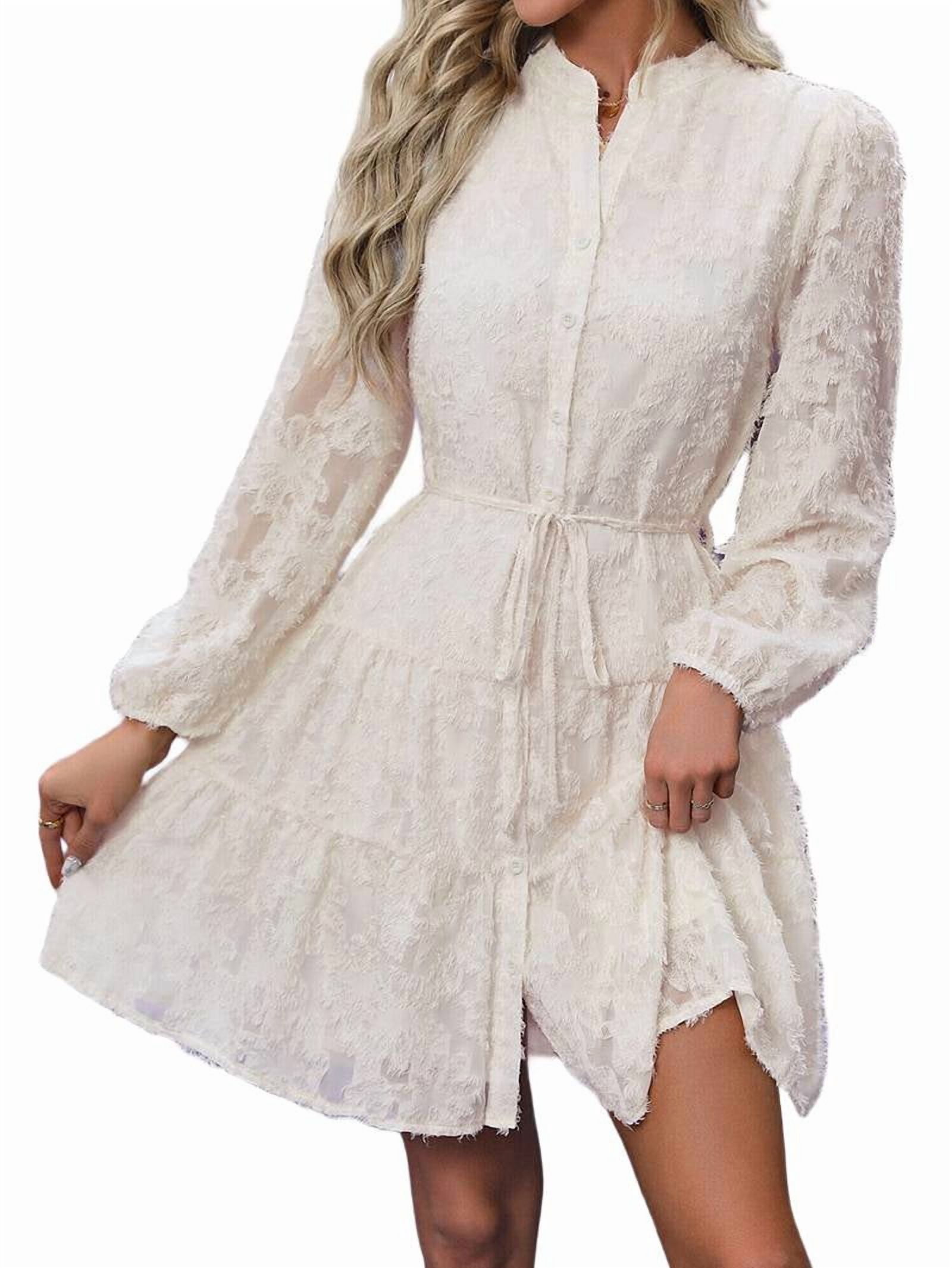 Women's Band Collar Long Sleeve Shirt Dress in Apricot