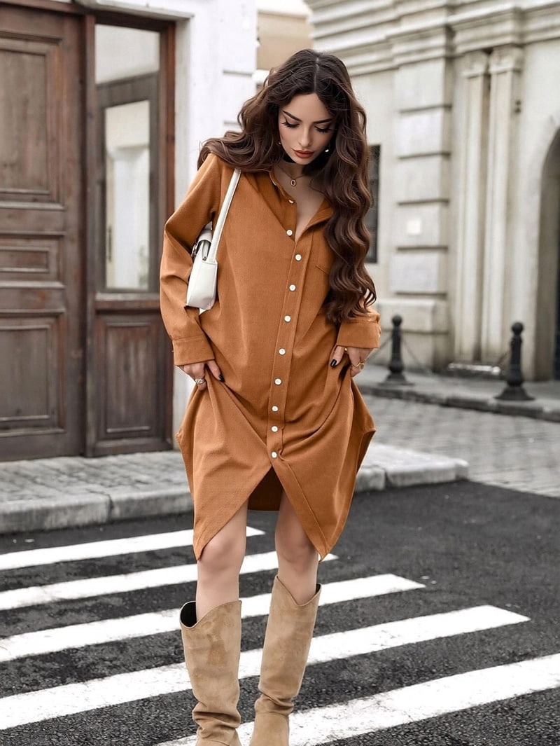 Women's Corduroy Button Down Shirt Dress in Camel (photo 8)