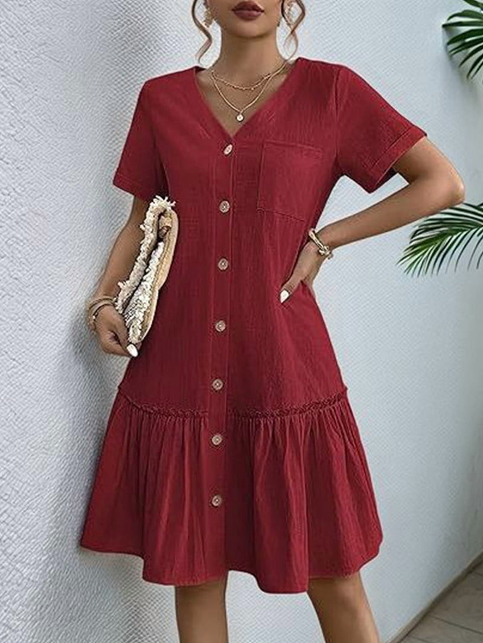 Women's Button Front Tiered Shirt Dress in Wine Red (photo 2)