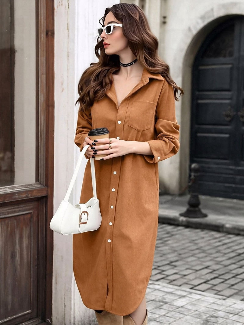 Women's Corduroy Button Down Shirt Dress in Camel (photo 6)