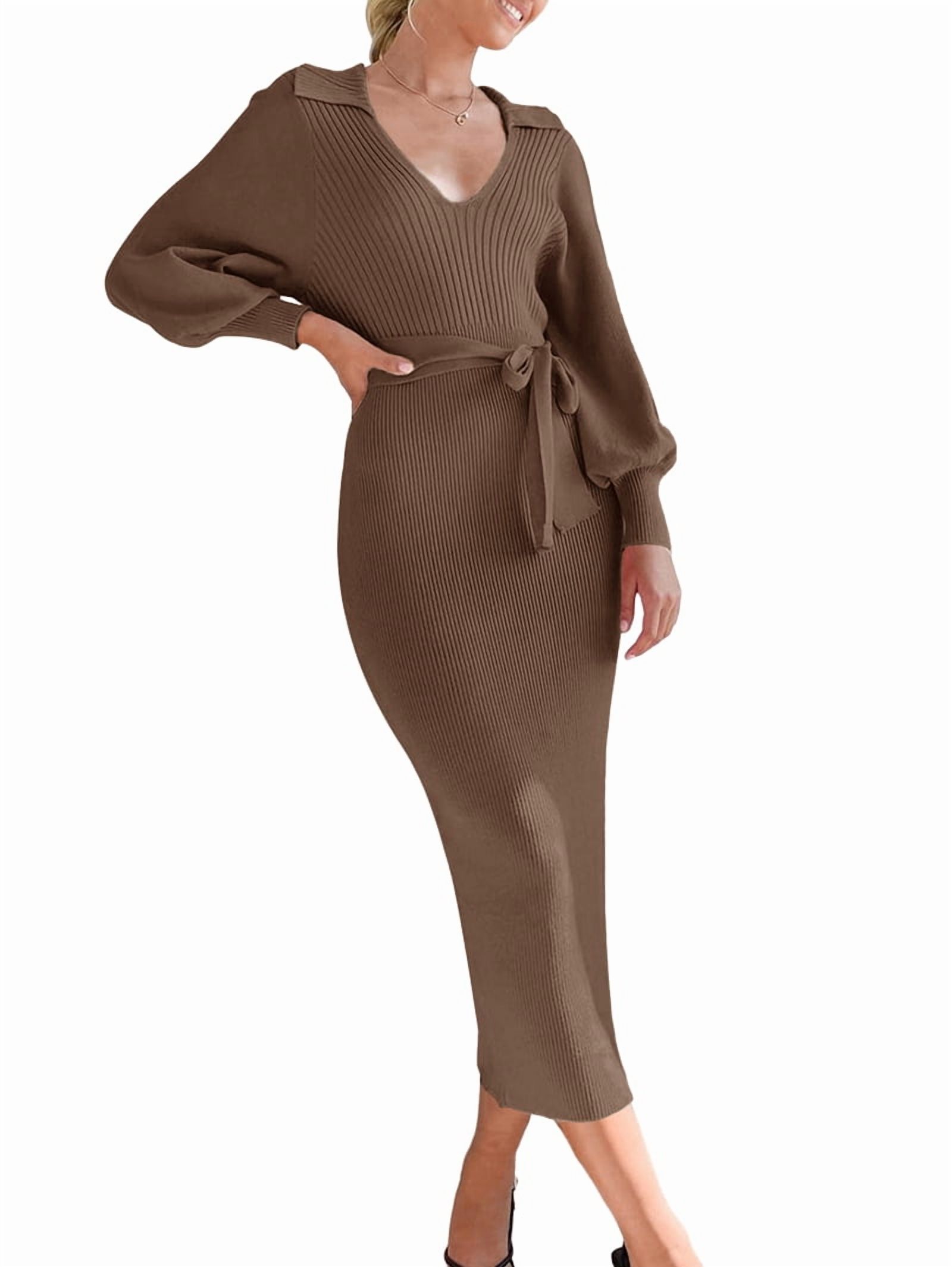 Women's Belted V-Neck Knit Maxi Dress with Lantern Sleeves in Coffee (photo 2)