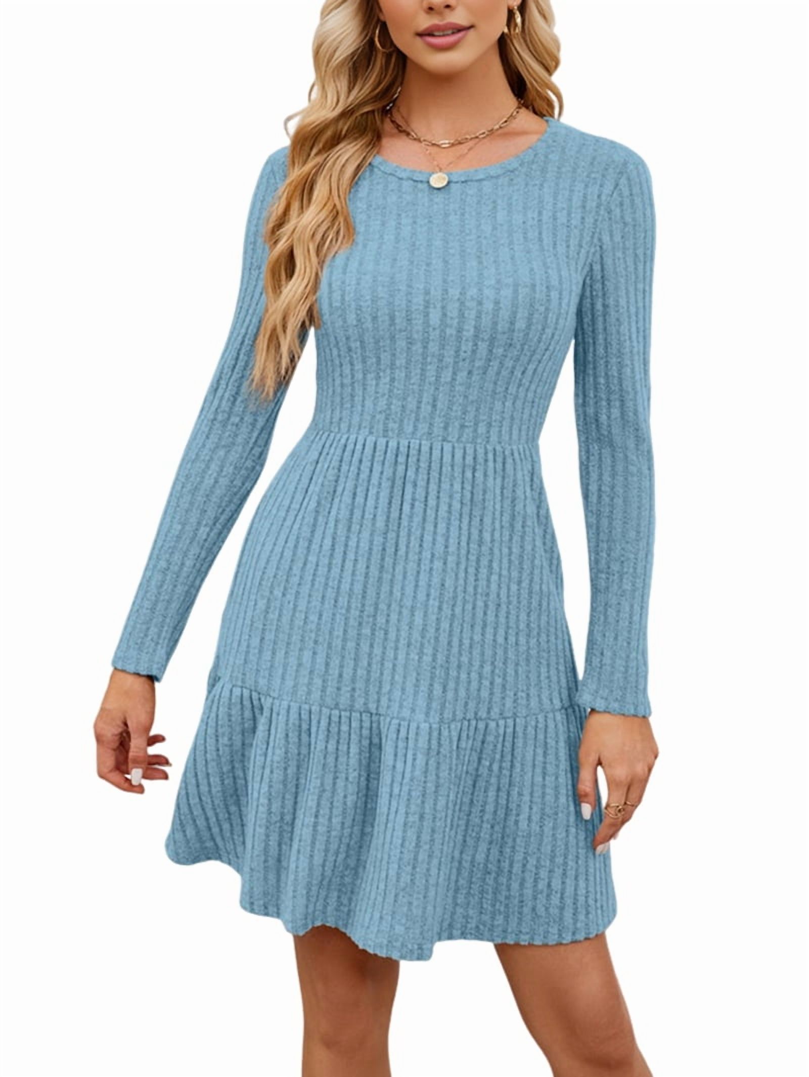 Women's Ribbed Knit A-Line Sweater Dress with Pockets in Light Blue (photo 2)