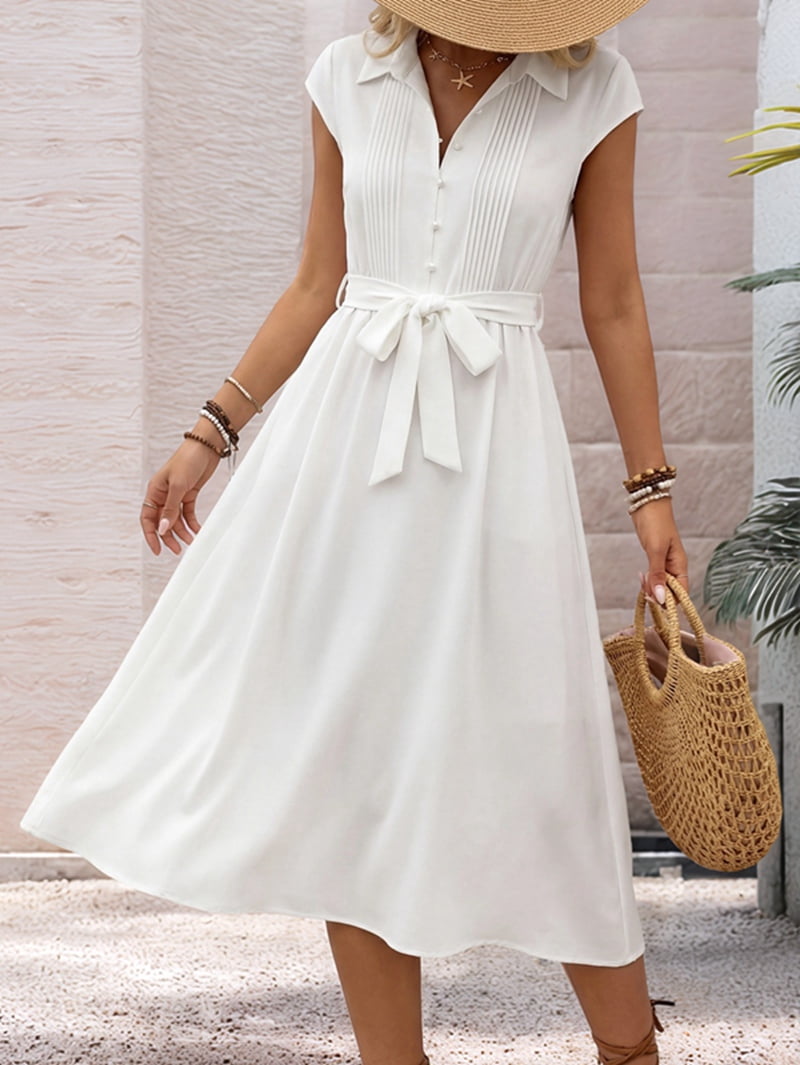 Women's Cap Sleeve Tie Waist Midi Shirt Dress in White (photo 6)