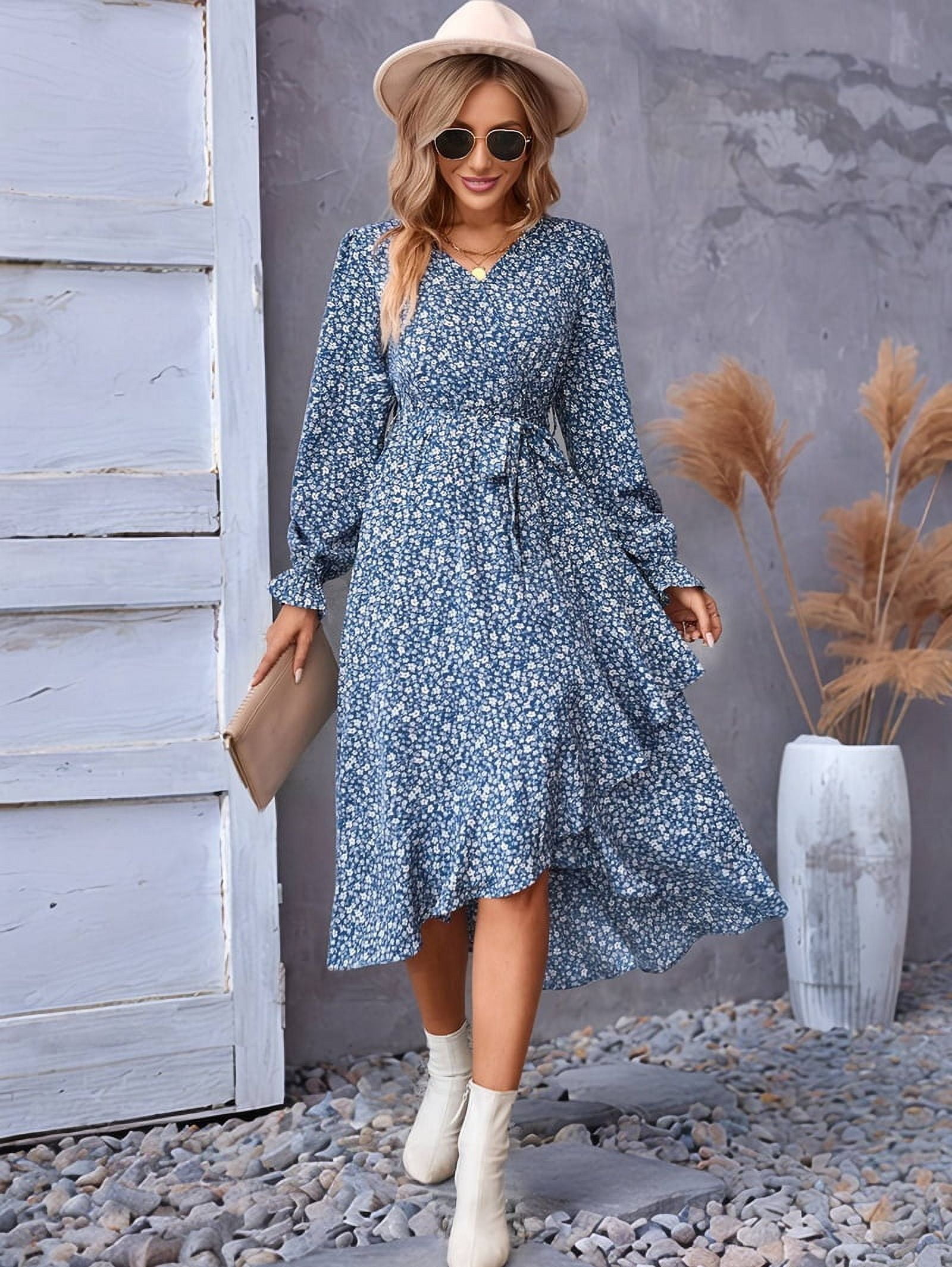 Women's Floral Long Sleeve Wrap Dress with Ruffle Hem in Blue (photo 8)