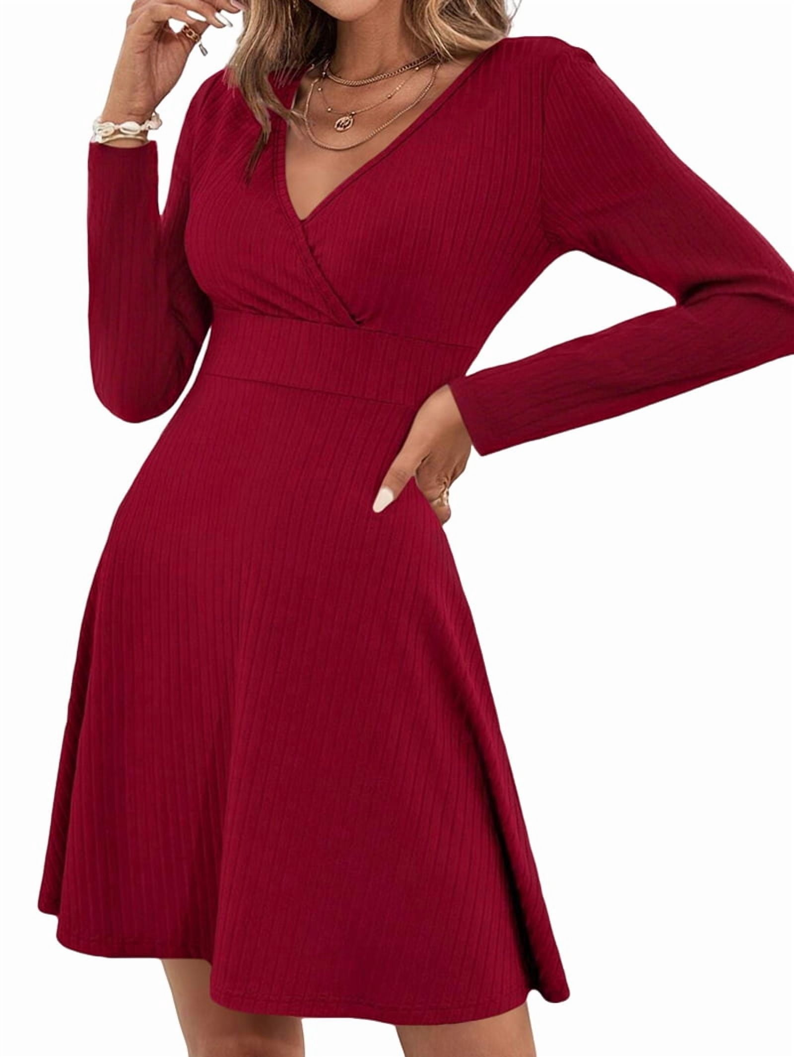 Women's Long Sleeve Wrap Mini Dress in Wine Red