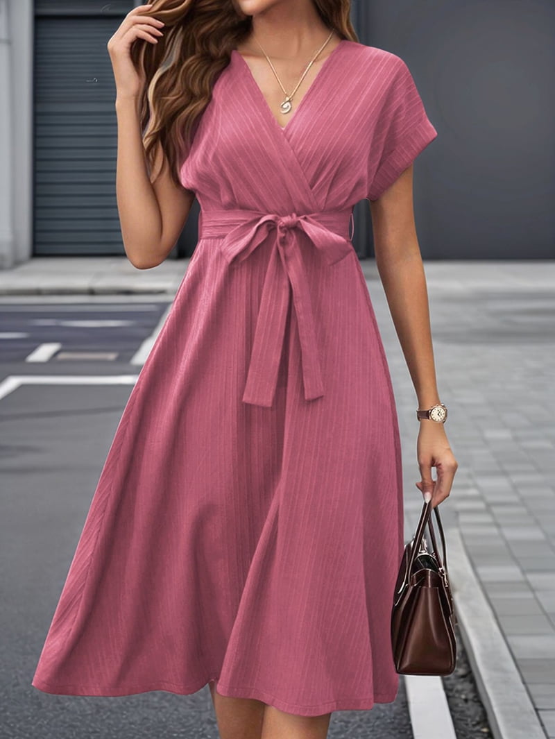 Women's Cap Sleeve Belted Wrap Midi Dress in Dusty Rose (photo 5)