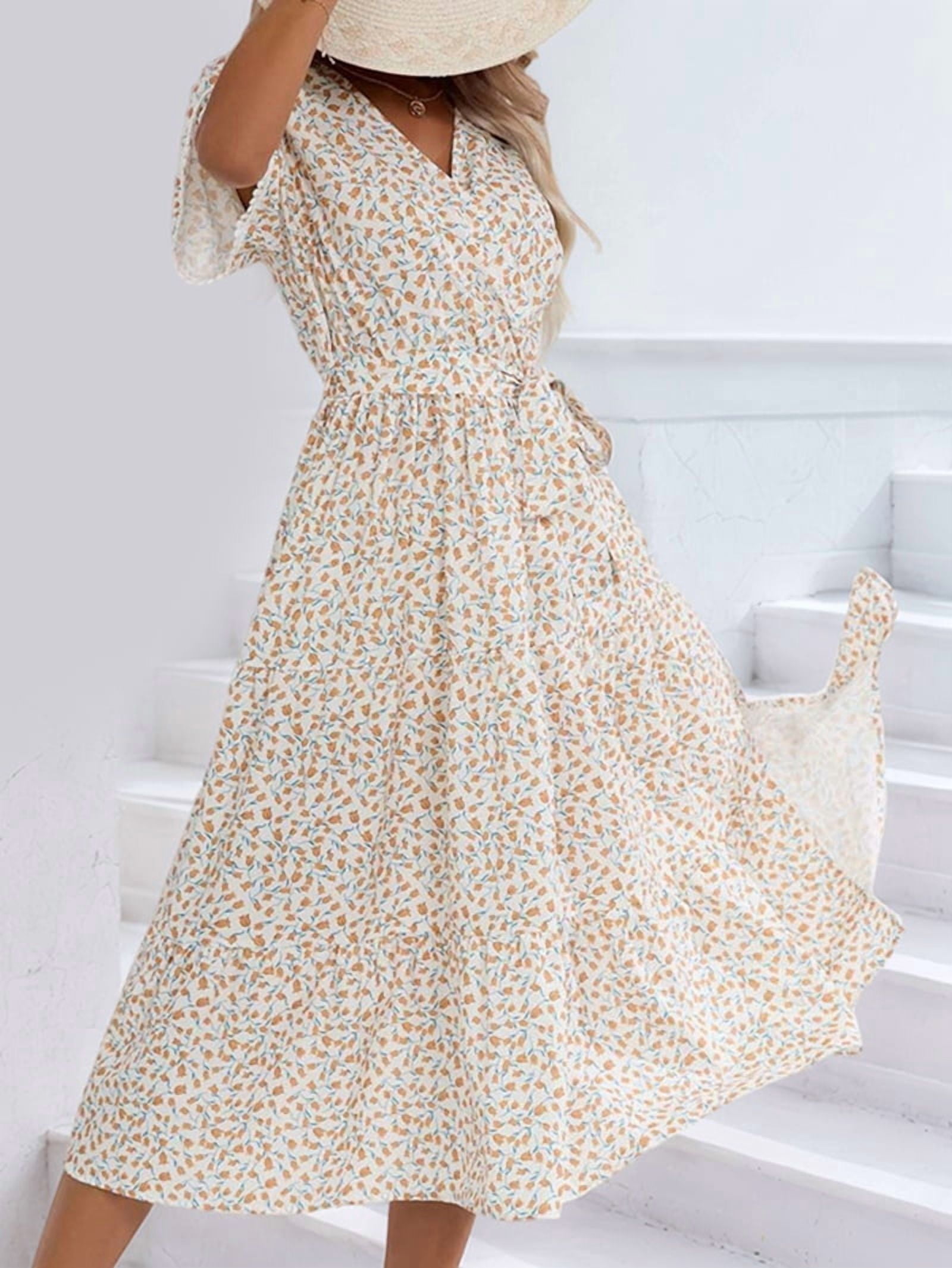 Women's Floral Flutter Sleeve Wrap Dress with Tiered Hem in Cream (photo 4)