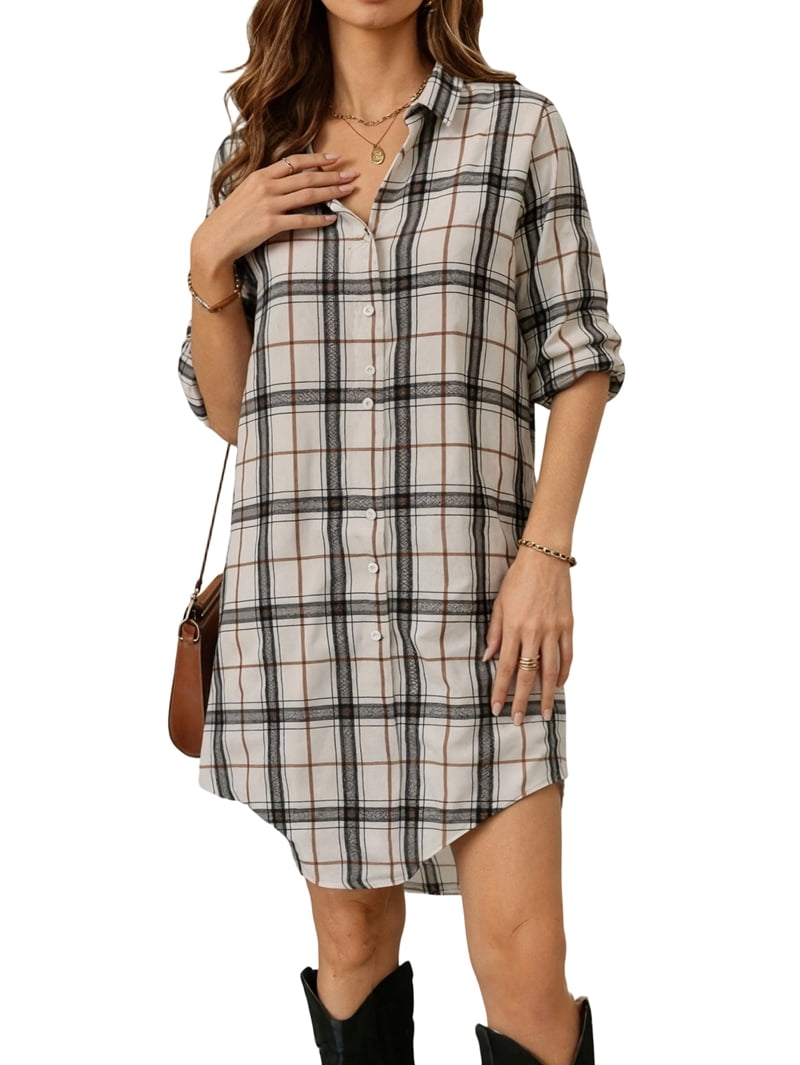 Women's Plaid Long Sleeve Button Down Shirt Dress in White (photo 2)