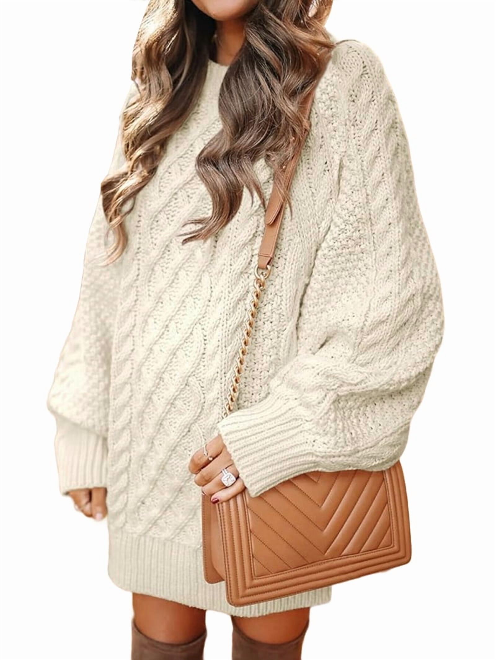 Women's Oversized Chunky Cable Knit Sweater Dress in Apricot (photo 3)