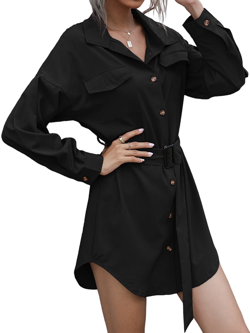 Women's Belted Long Sleeve Shirt Dress with Flap Pockets in Black