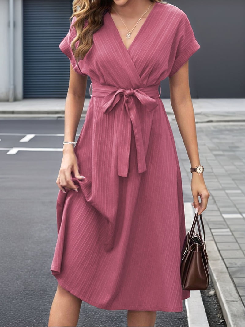 Women's Cap Sleeve Belted Wrap Midi Dress in Dusty Rose (photo 4)