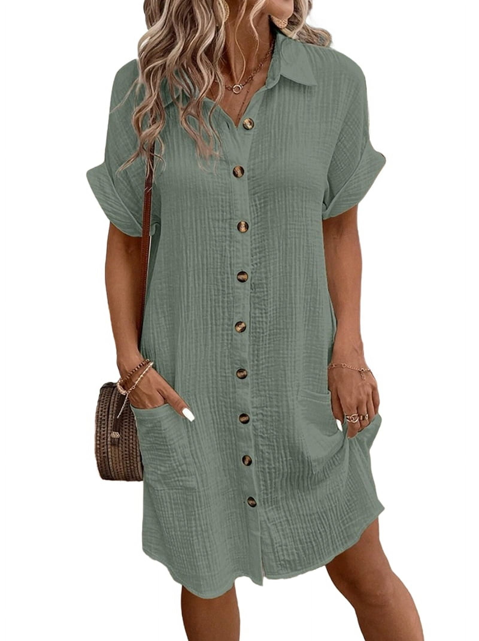 Women's Short Sleeve Button Down Shirt Dress in Gray Green