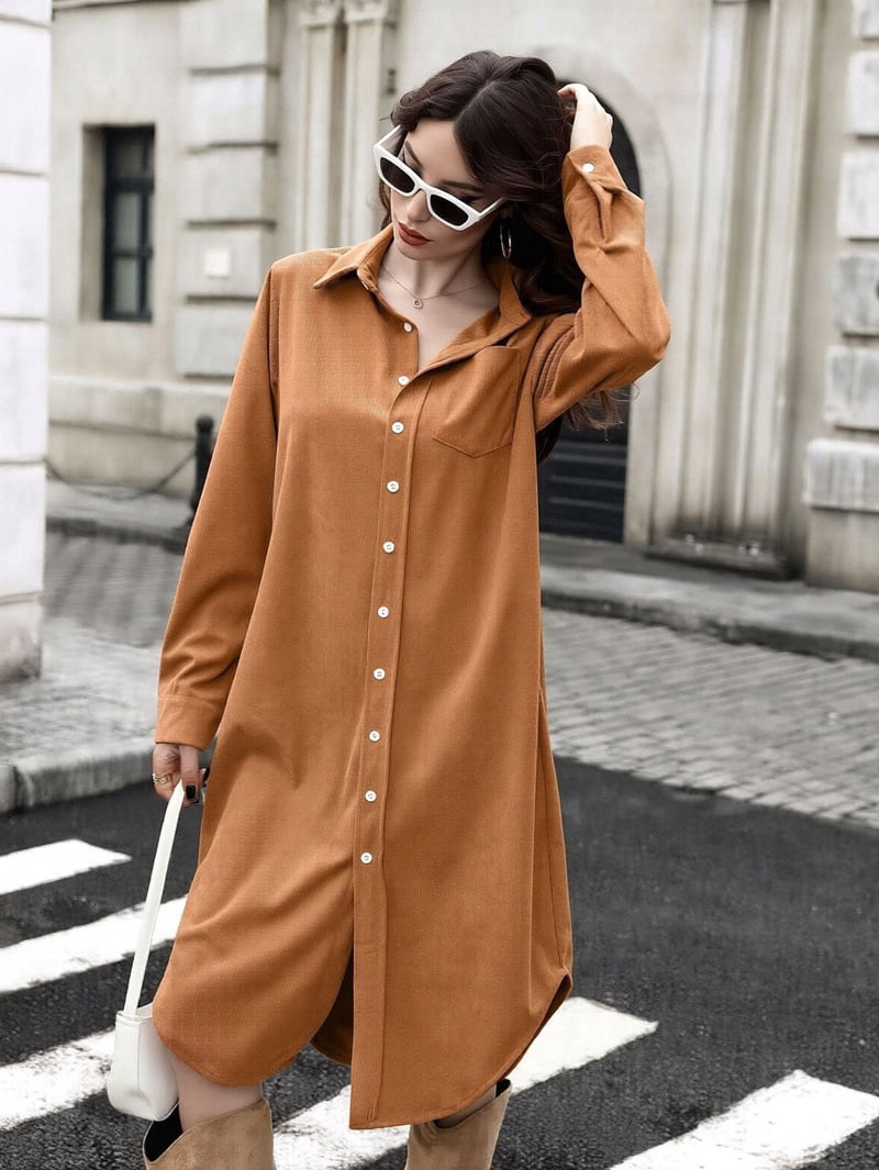 Women's Corduroy Button Down Shirt Dress in Camel (photo 7)