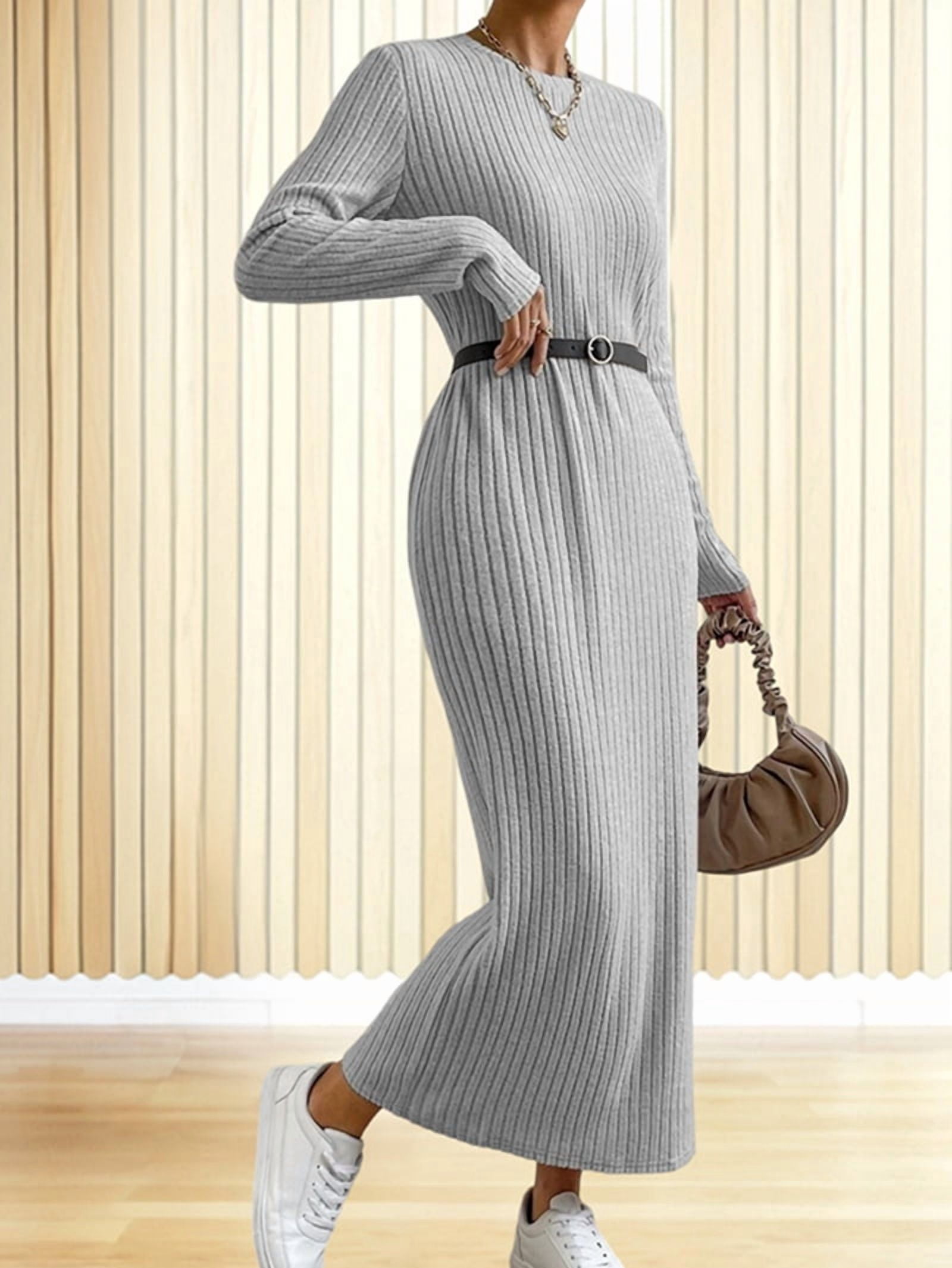 Women's Ribbed Knit Maxi Sweater Dress in Gray (photo 7)