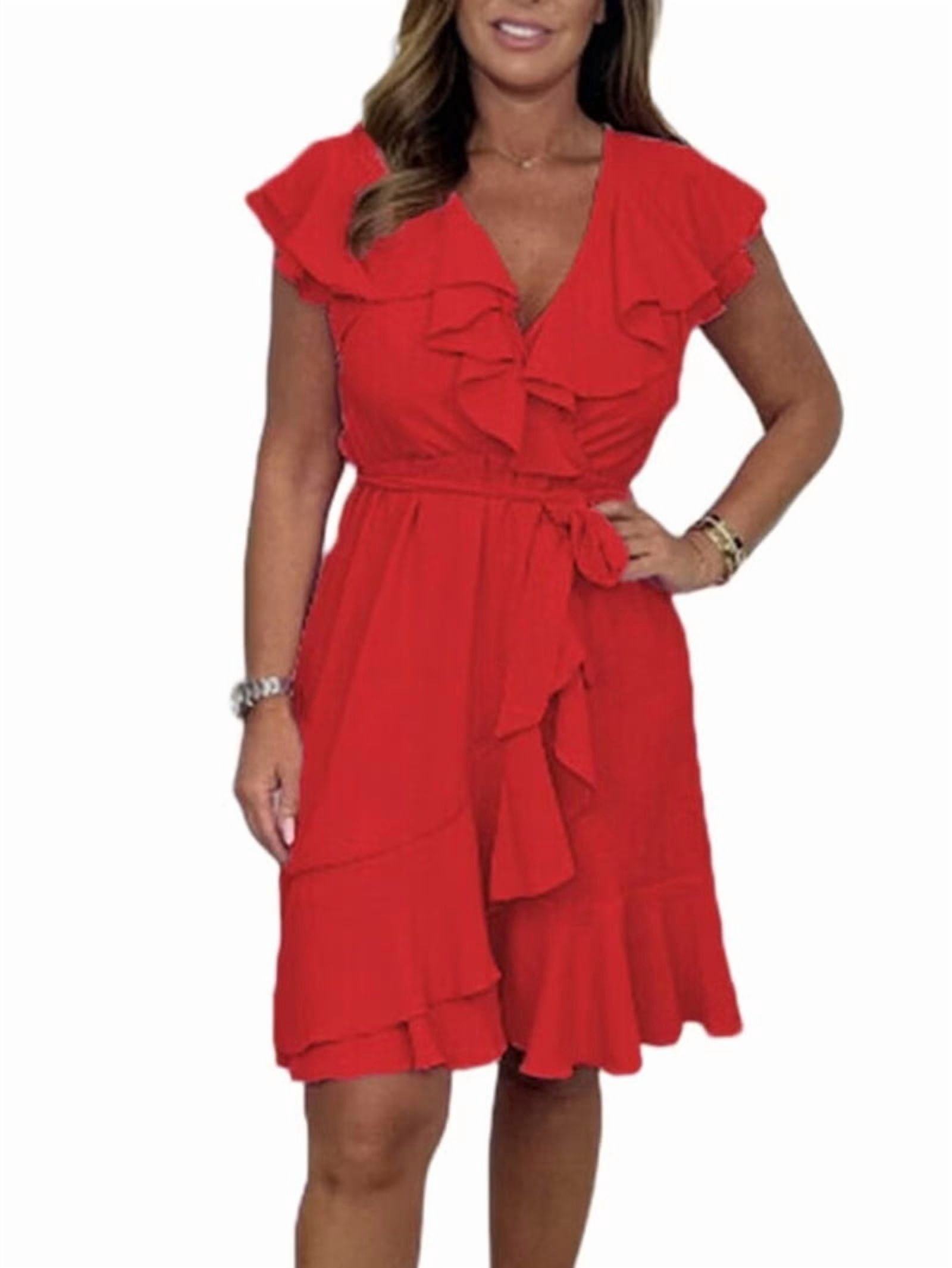Women's Ruffle Sleeve Wrap Mini Dress in Red