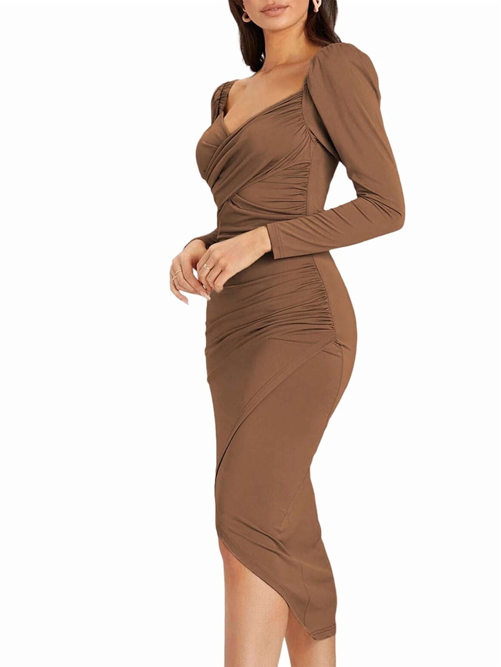 Women's Long Sleeve Ruched Wrap Midi Dress in Brown (photo 3)