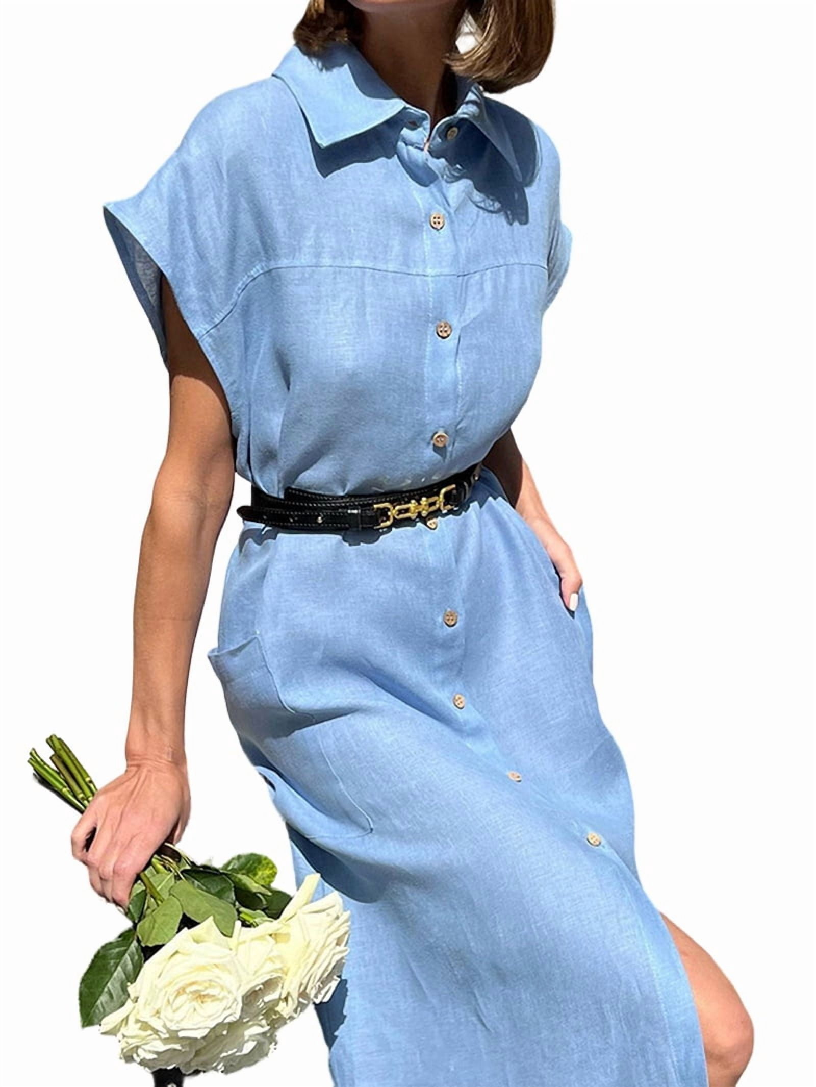 Women's Belted Cotton Linen Maxi Shirt Dress in Blue