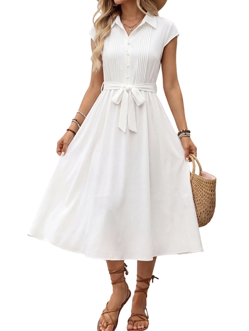Women's Cap Sleeve Tie Waist Midi Shirt Dress in White