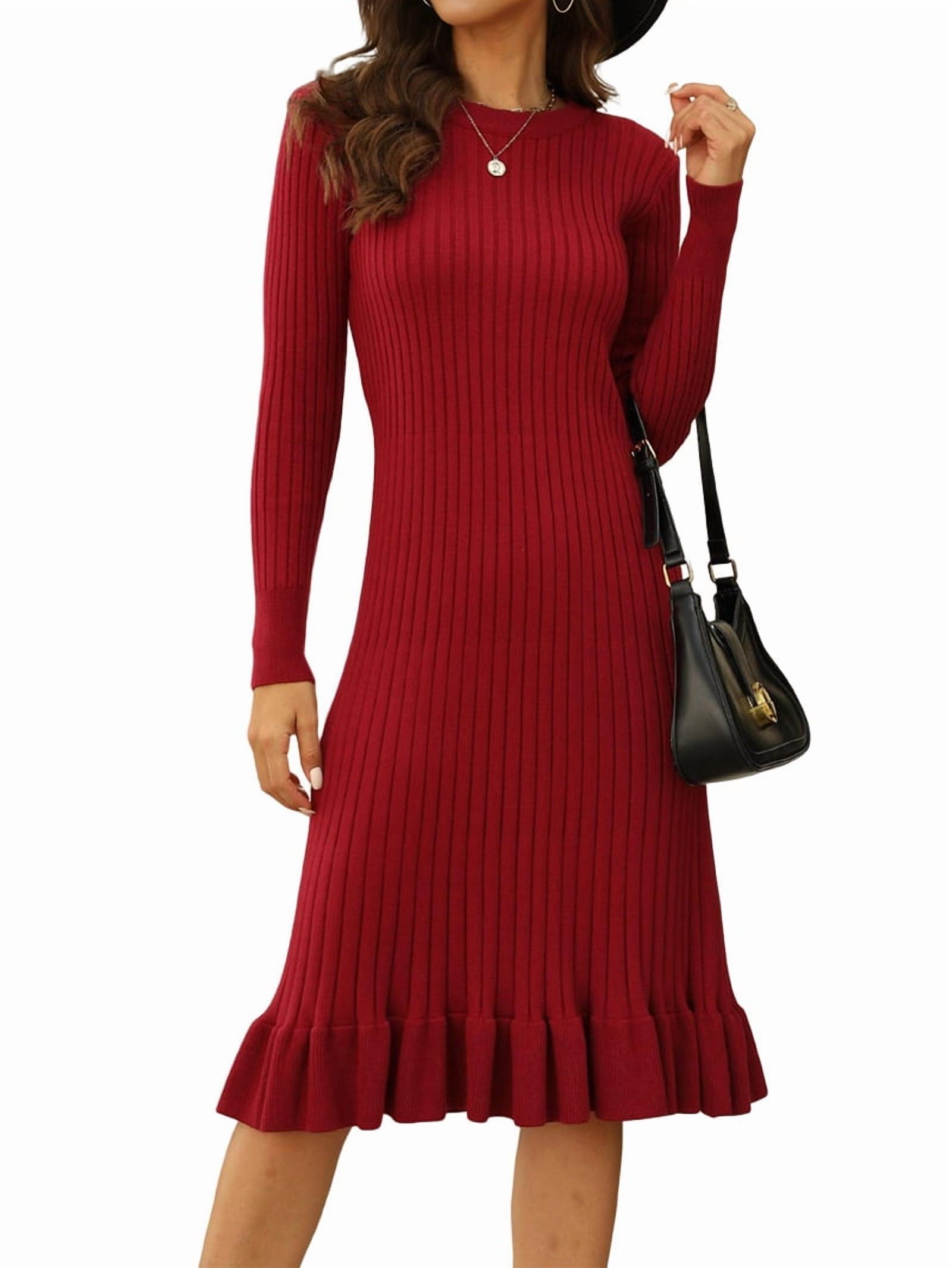Women's Ribbed Knit Midi Sweater Dress with Flounce Hem in Wine Red (photo 3)