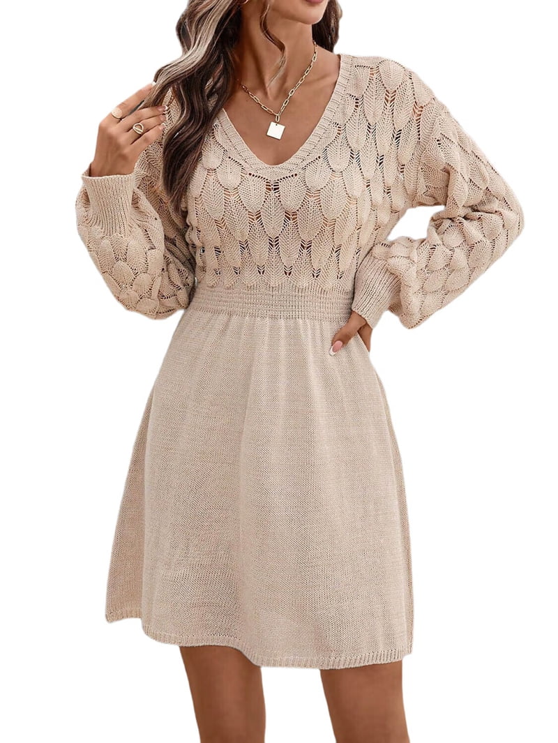 Women's V-Neck Pointelle Knit A-Line Sweater Dress in Khaki