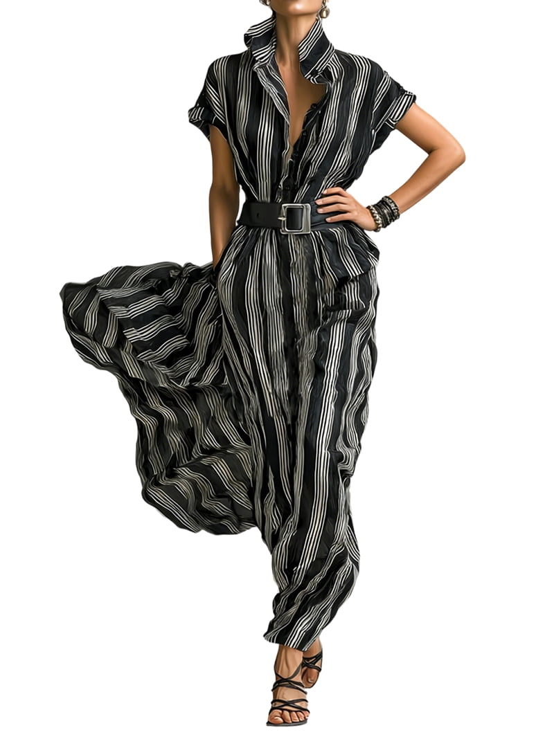 Women's Striped Belted Maxi Shirt Dress in Black and White