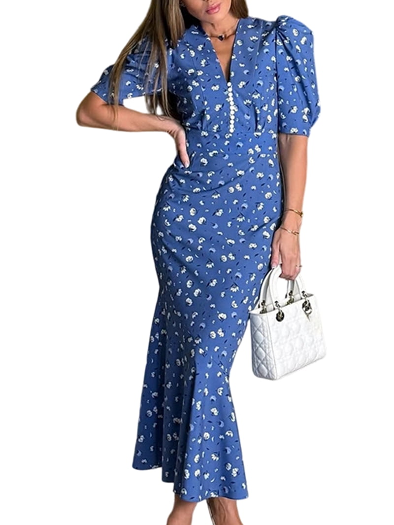 Women's Dot Print Short Sleeve Wrap Maxi Dress in Blue