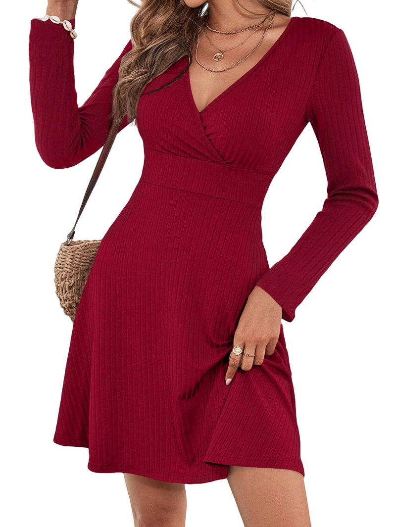 Women's Long Sleeve Wrap Mini Dress in Wine Red (photo 3)