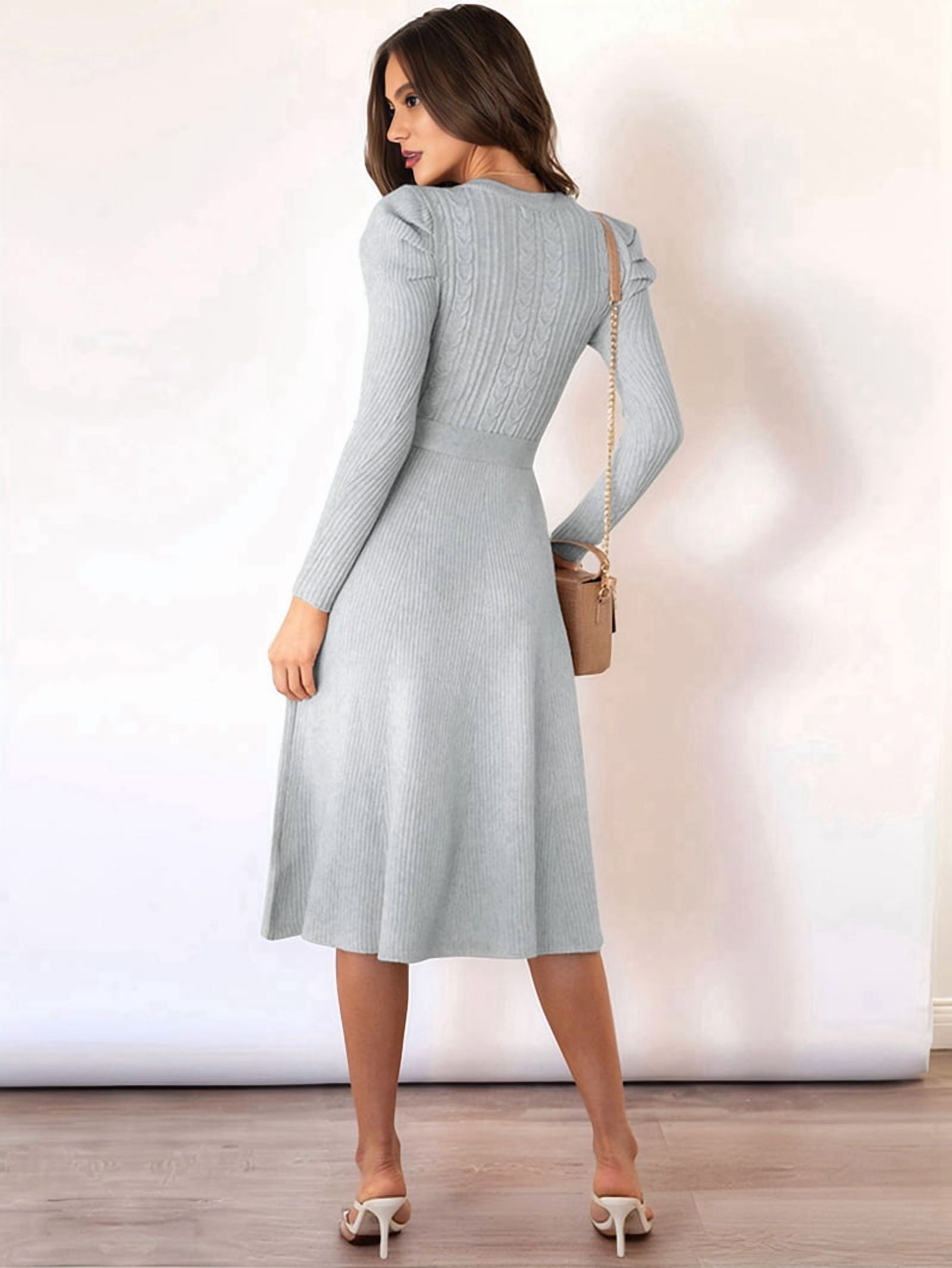 Women's Tie Waist Ribbed Knit Midi Sweater Dress in Gray (photo 8)