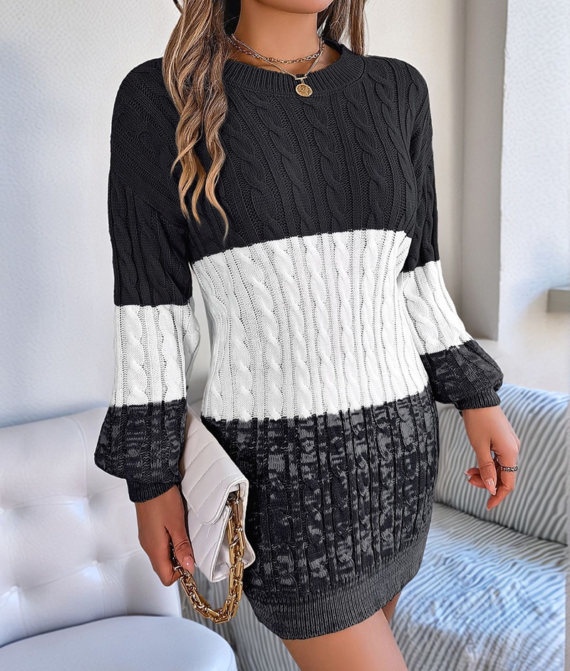 Women's Color Block Cable Knit Sweater Dress in Black and White (photo 8)