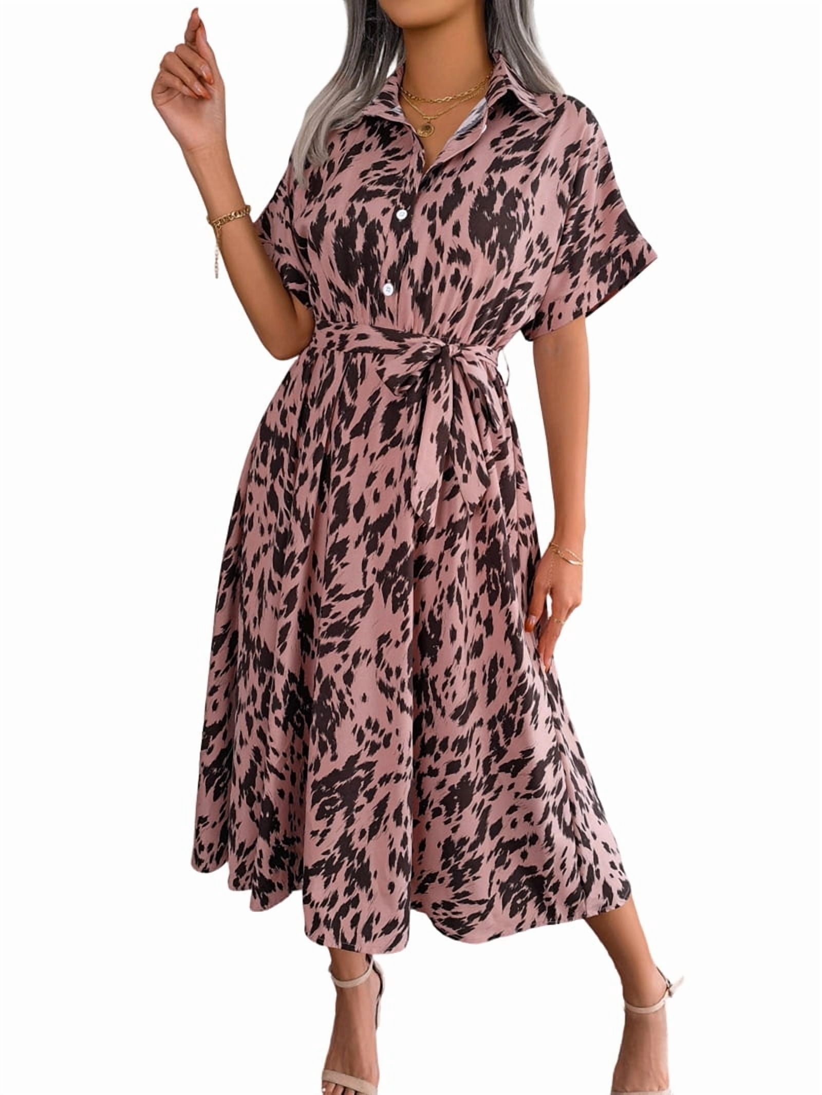 Women's Leopard Print Tie Waist Midi Shirt Dress in Pink (photo 2)