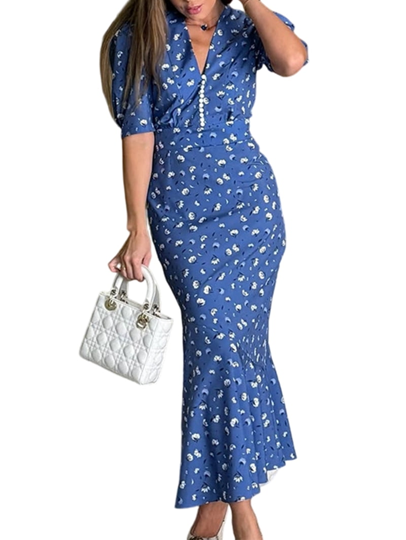 Women's Dot Print Short Sleeve Wrap Maxi Dress in Blue (photo 2)