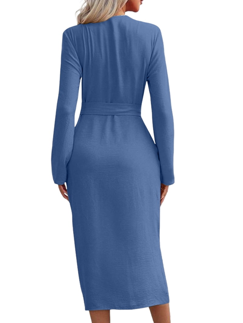 Women's Button Front Midi Shirt Dress with Rolled Sleeves in Peacock Blue (photo 4)