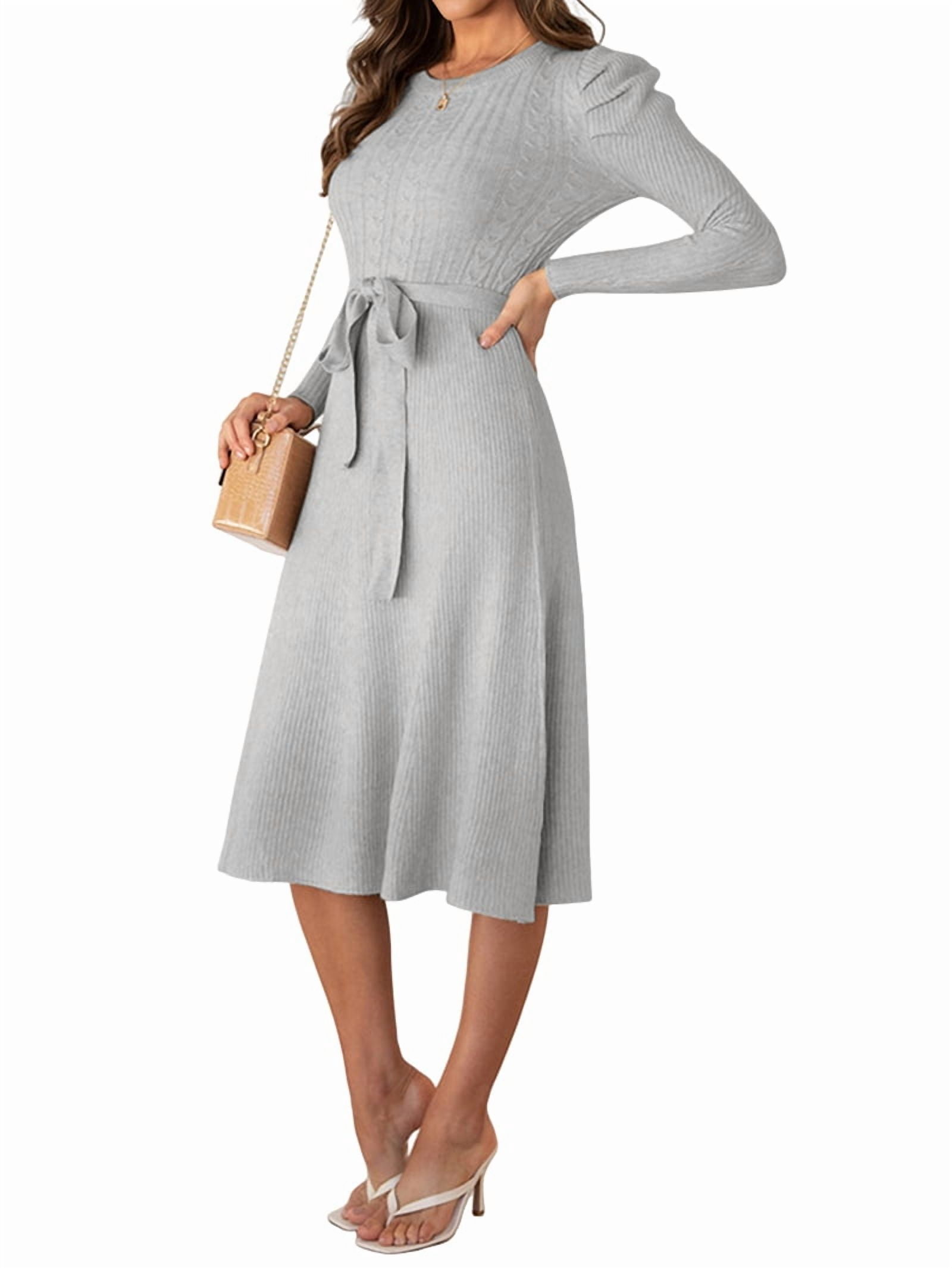 Women's Tie Waist Ribbed Knit Midi Sweater Dress in Gray