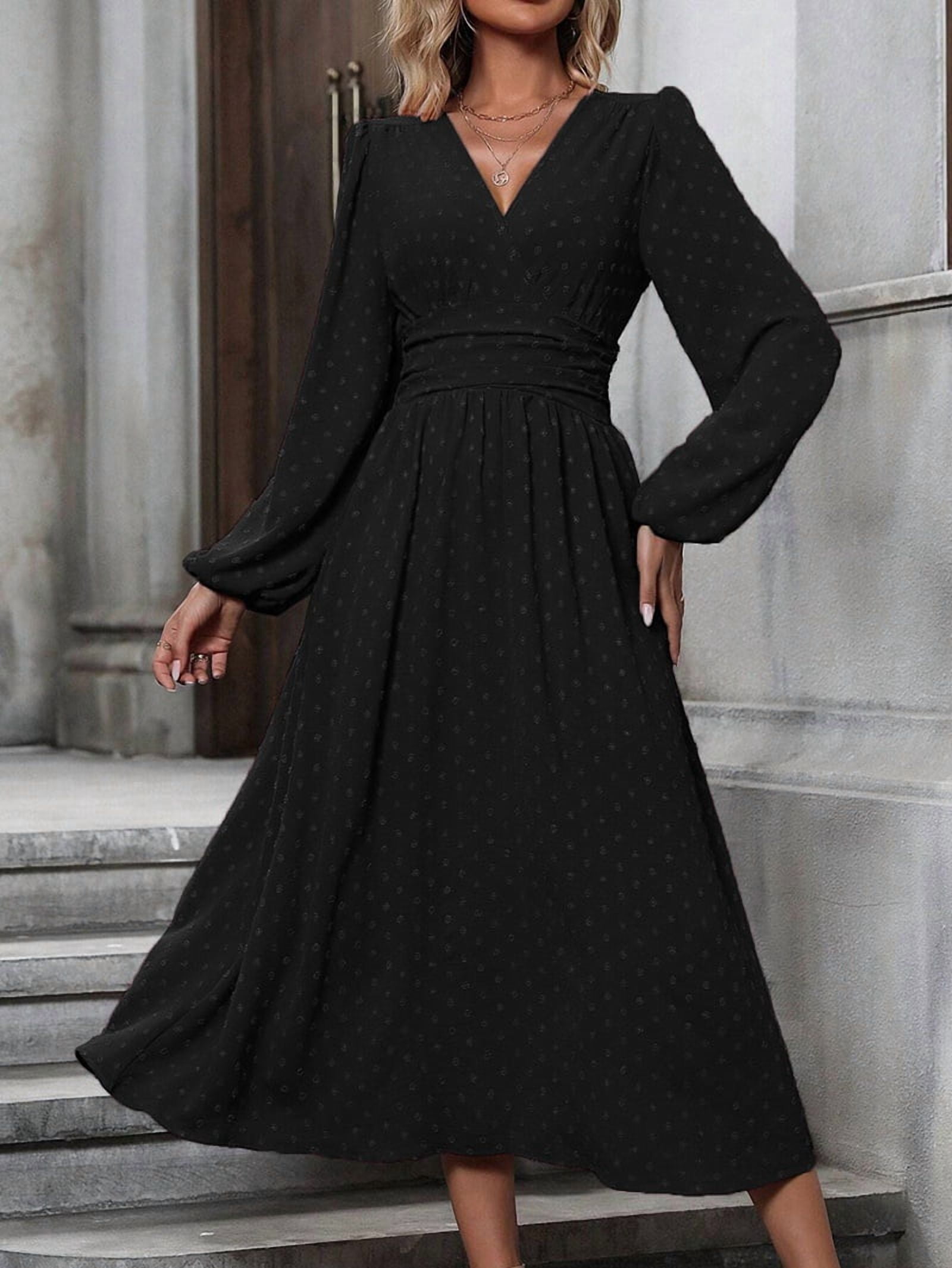 Women's Long Sleeve Surplice Maxi Dress in Black (photo 3)