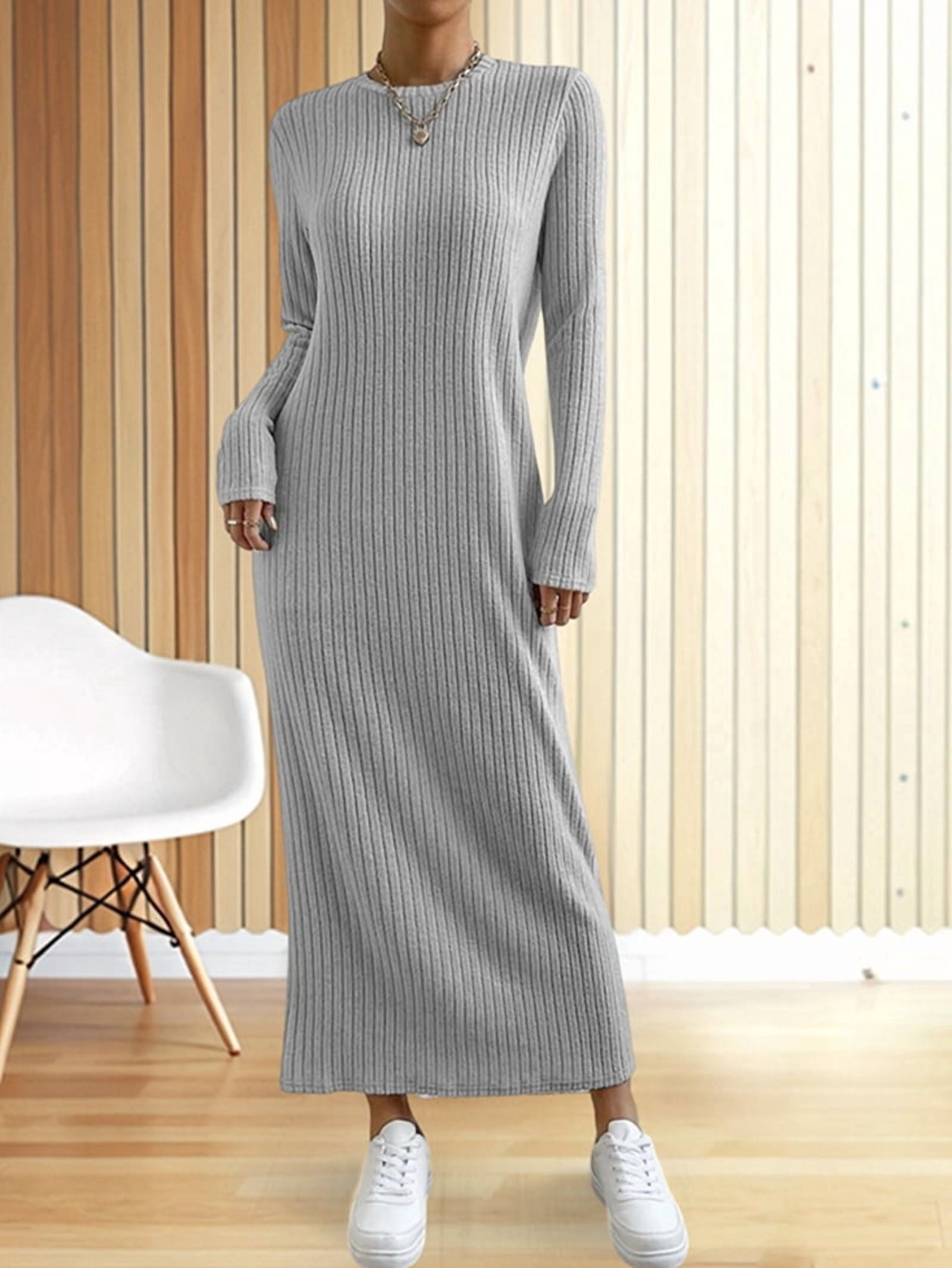 Women's Ribbed Knit Maxi Sweater Dress in Gray (photo 4)