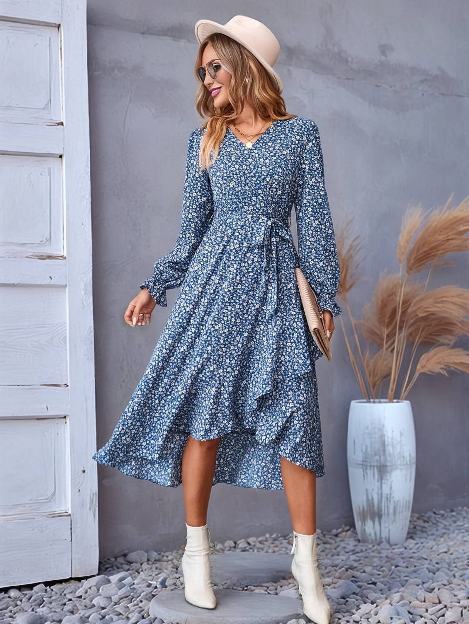 Women's Floral Long Sleeve Wrap Dress with Ruffle Hem in Blue (photo 5)