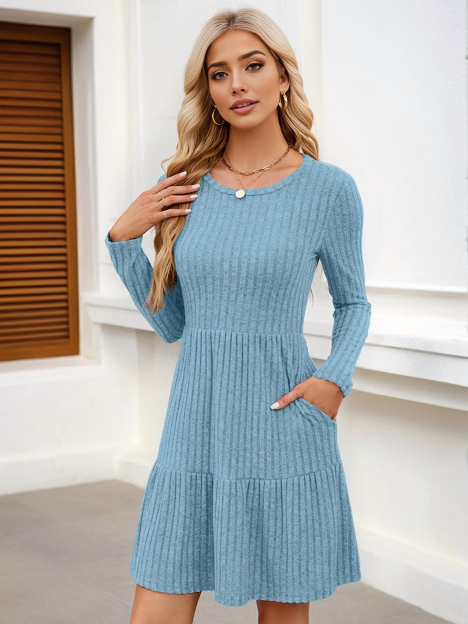 Women's Ribbed Knit A-Line Sweater Dress with Pockets in Light Blue (photo 4)