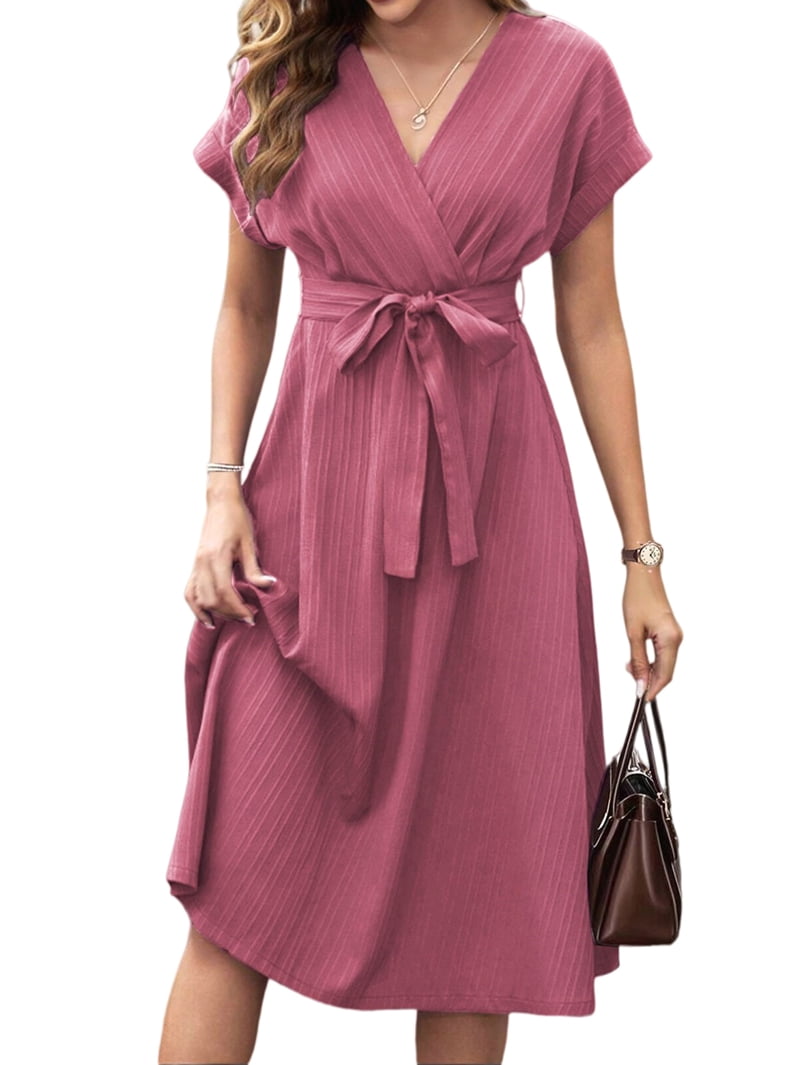 Women's Cap Sleeve Belted Wrap Midi Dress in Dusty Rose (photo 2)