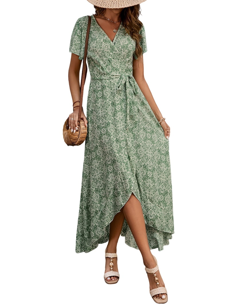 Women's Floral Flutter Sleeve Wrap Maxi Dress in Green (photo 2)