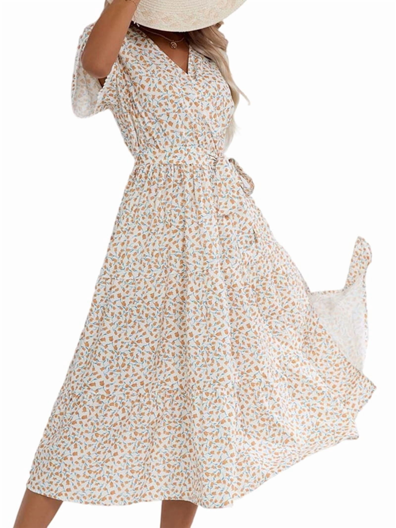 Women's Floral Flutter Sleeve Wrap Dress with Tiered Hem in Cream (photo 3)